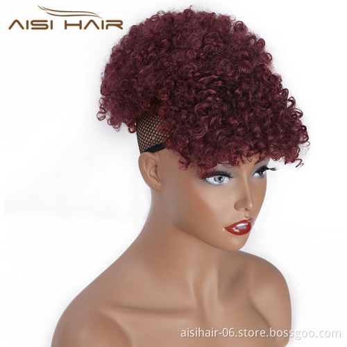 Aisi Hair New Design Kinky Curly Puff Red Color Hair Bun With Bangs Afro Short Curly Synthetic Hair Extension For Black Women